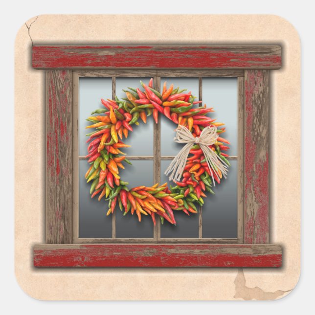 Southwest Chile Wreath on Rustic Wood Window Square Sticker (Front)