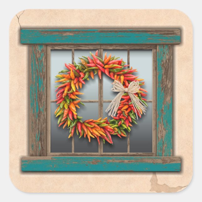 Southwest Chile Wreath on Rustic Wood Window Square Sticker (Front)