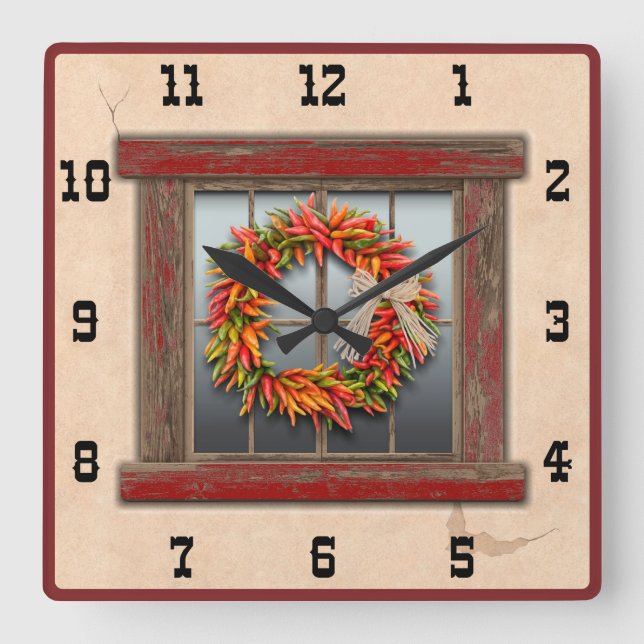 Southwest Chile Wreath Red Window Western Numbers  Square Wall Clock (Front)