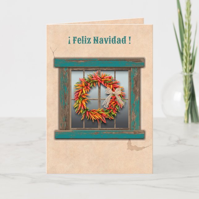 Southwest Chile Wreath Rustic Blue Window Holiday Card (Front)