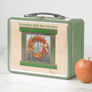 Southwest Chile Wreath Rustic Window Personalized Metal Lunch Box