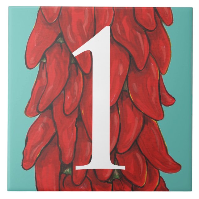 Southwest Chilli Pepper House Numeral 1 Turquoise Tile (Front)