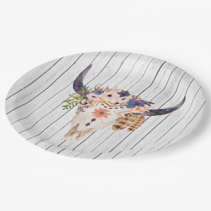 Southwest Cow Skull Tribal Markings and Flowers Paper Plate