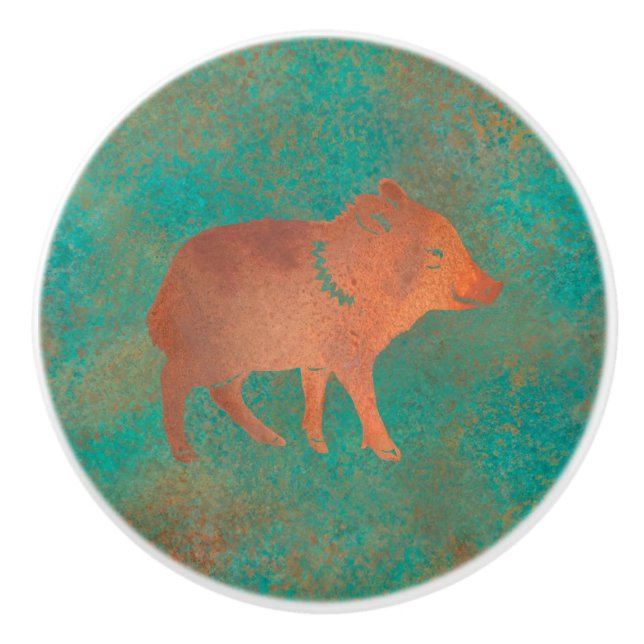 Southwest Cute Javelina Baby Copper Teal Ceramic Knob (Front)