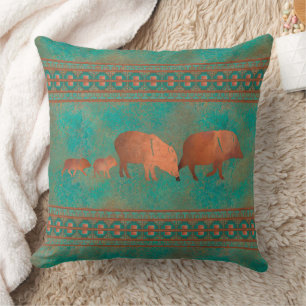 Southwest Cute Javelina Family Copper Teal 20in Cushion
