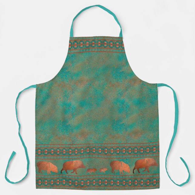 Southwest Cute Javelina Family Copper Teal Apron (Front)