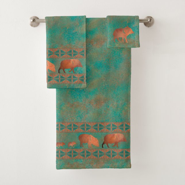 Southwest Cute Javelina Family Copper Teal  Bath Towel Set (Insitu)