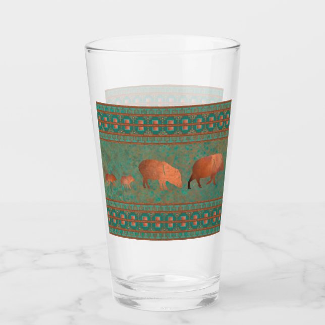 Southwest Cute Javelina Family Copper Teal Glass (Front)