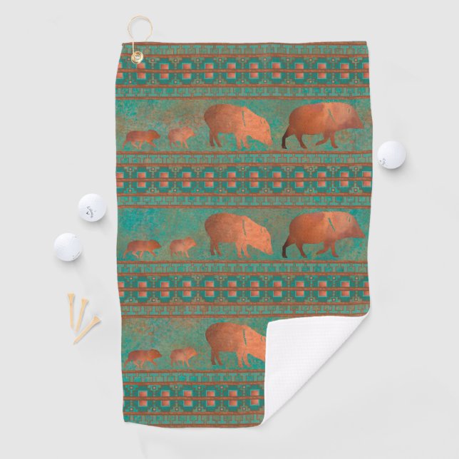 Southwest Cute Javelina Family Copper Teal Golf Towel (InSitu)
