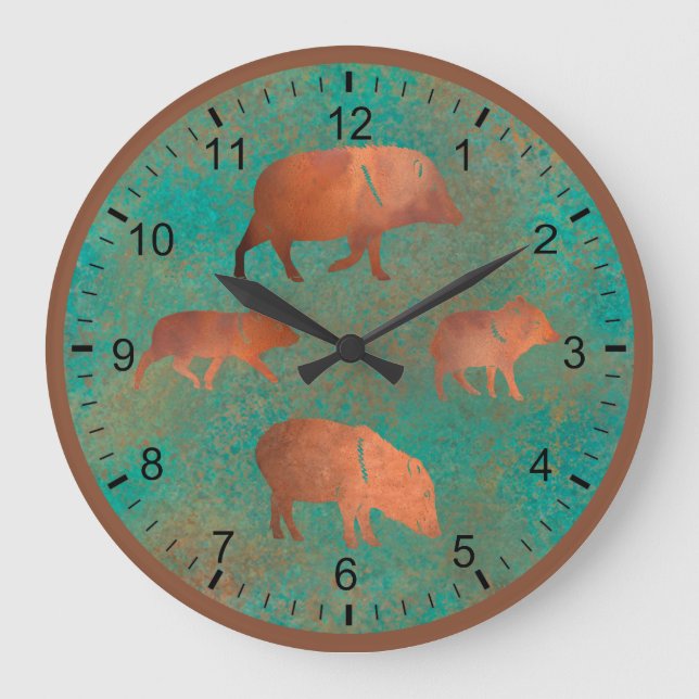 Southwest Cute Javelina Family Copper Teal Large Clock (Front)