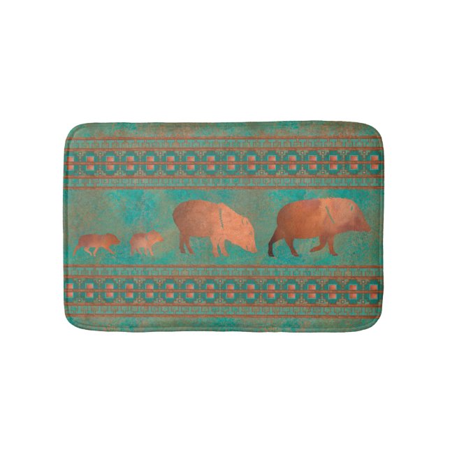 Southwest Cute Javelina Family Copper Teal Small Bath Mat (Front)