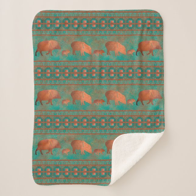 Southwest Cute Javelina Family Copper Teal Small Sherpa Blanket (Front)