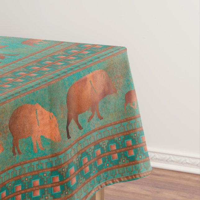 Southwest Cute Javelina Family Copper Teal Small Tablecloth (In Situ)