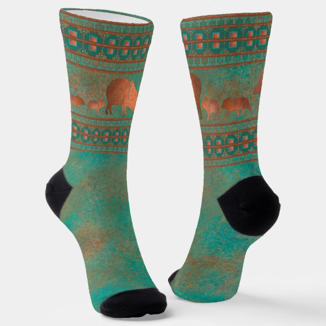 Southwest Cute Javelina Family Copper Teal Socks (Angled)