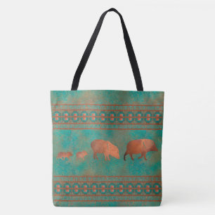 Southwest Cute Javelina Family Copper Teal Tote Bag