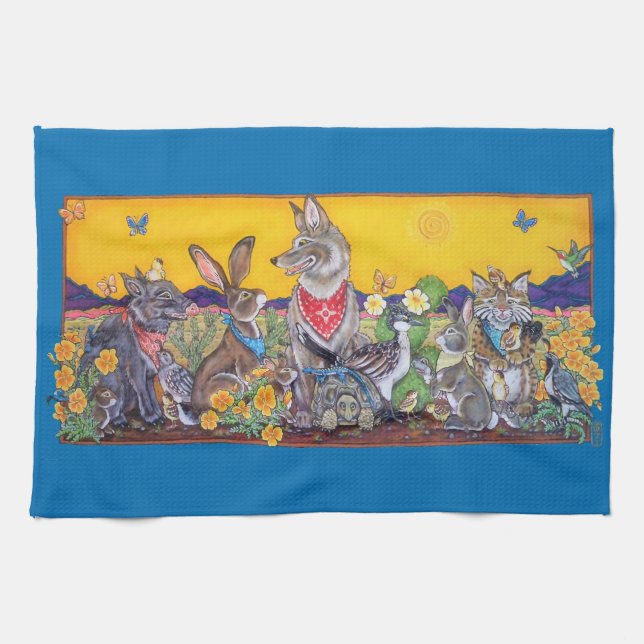 Southwest Desert Animal Rabbit Quail Coyote Sun Tea Towel (Horizontal)