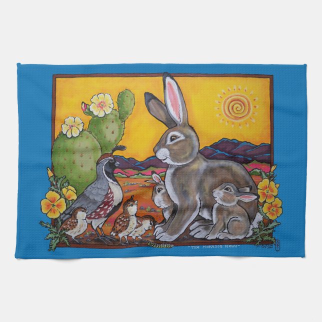 Southwest Desert Animals Rabbit Quail Cactus Cute Tea Towel (Horizontal)