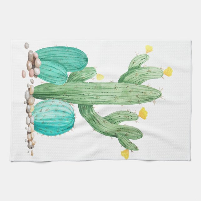 Southwest Desert Cacti Cactus Succulent Watercolor Tea Towel (Horizontal)