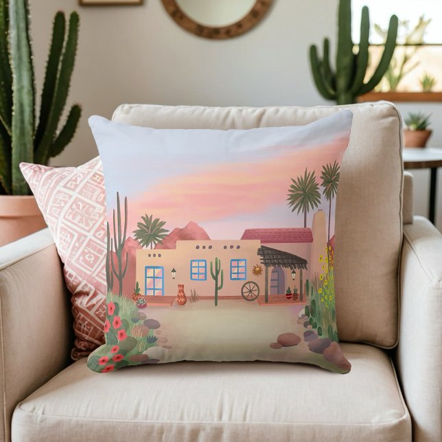 Southwest Desert Cactus Adobe House Peach | Cushion (Creator Uploaded)