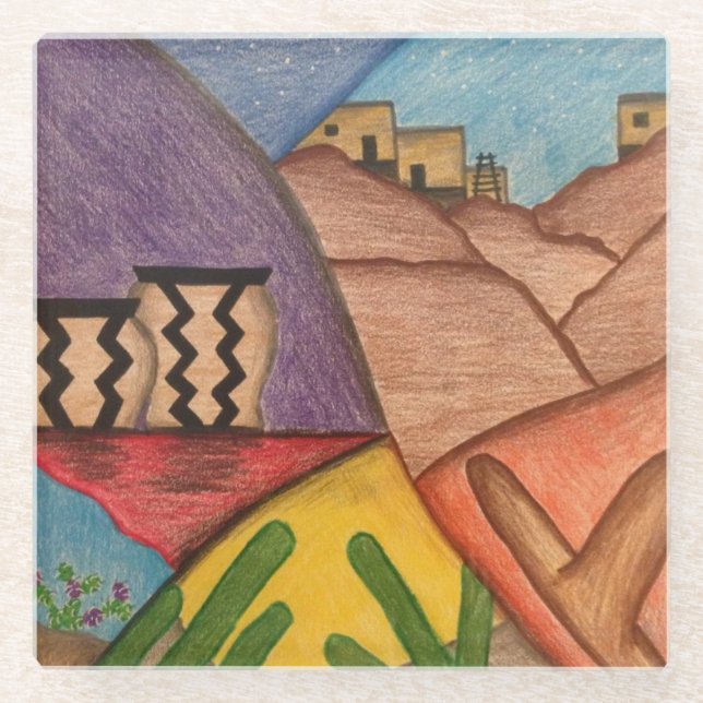 Southwest Desert Cactus Colourful Folk Art  Glass Coaster (Front)