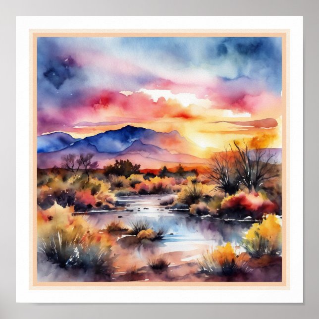 Southwest Desert Watercolor Sunrise Landscape Poster (Front)