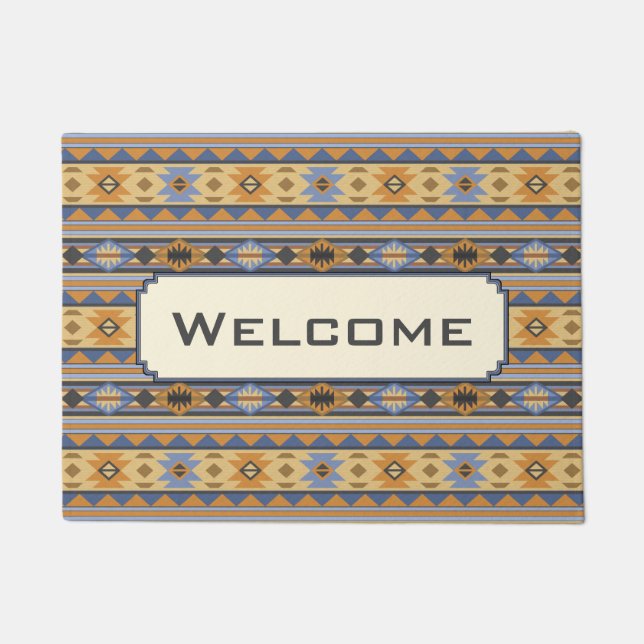Southwest Design Gold Blue Grey Tribal Pattern Doormat (Front)