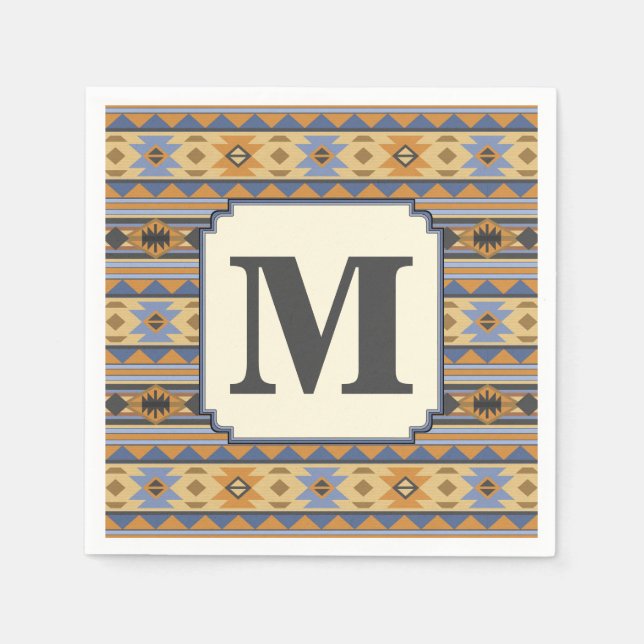Southwest Design Gold Blue Grey Tribal Pattern Napkin (Front)