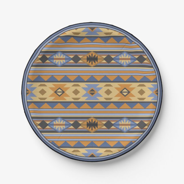 Southwest Design Gold Blue Grey Tribal Pattern Paper Plate (Front)