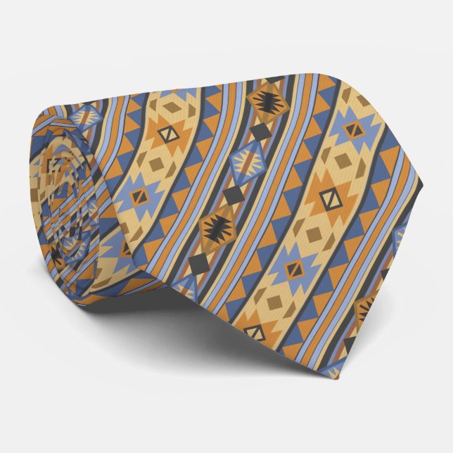 Southwest Design Gold Blue Grey Tribal Pattern Tie (Rolled)