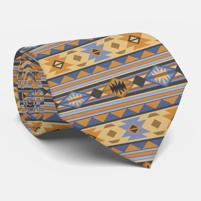 Southwest Design Gold Blue Grey Tribal Pattern Tie (Rolled)
