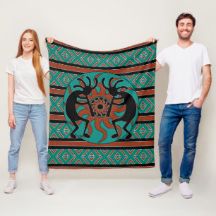 Southwest Design Turquoise Tribal Sun Kokopelli Fleece Blanket