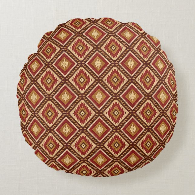 Southwest Diamond Rust Red & Beige Navajo Style Round Cushion (Front)