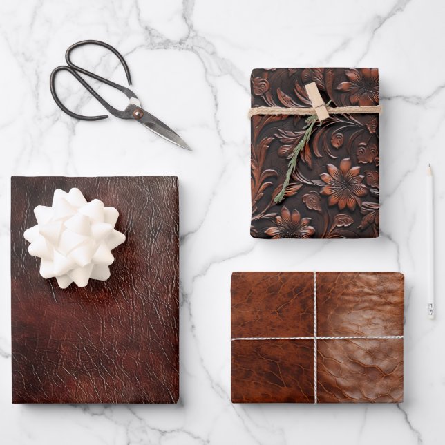 Southwest Faux Brown Leather Cowhide Floral Wrapping Paper Sheet (Front)
