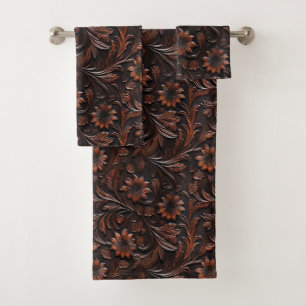 Southwest Faux Brown Leather Cowhide Flowers Bath Towel Set