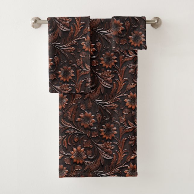 Southwest Faux Brown Leather Cowhide Flowers Bath Towel Set (Insitu)