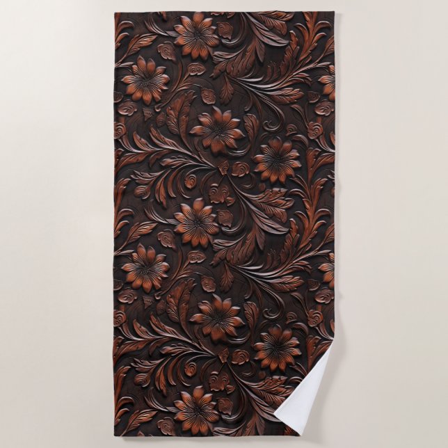 Southwest Faux Brown Leather Cowhide Flowers Beach Towel (Front)