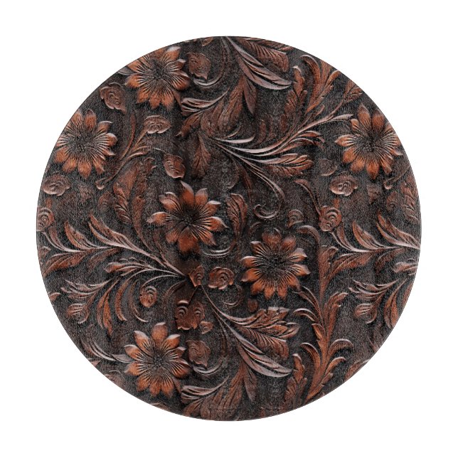 Southwest Faux Brown Leather Cowhide Flowers Cutting Board (Front)