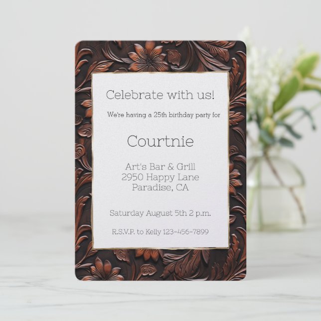 Southwest Faux Brown Leather Cowhide Flowers Invitation (Standing Front)