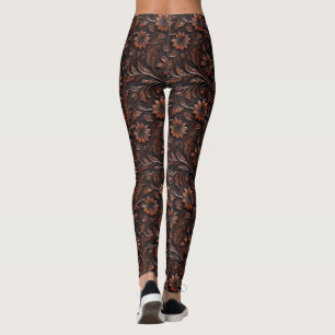 Southwest Faux Brown Leather Cowhide Flowers Leggings