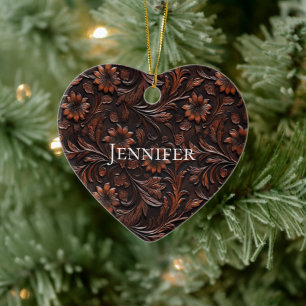 Southwest Faux Brown Leather Cowhide Flowers Name Ceramic Tree Decoration