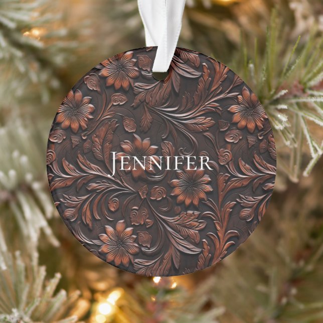 Southwest Faux Brown Leather Cowhide Flowers Name Ornament (Tree)