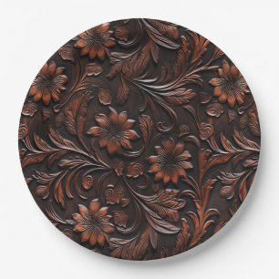 Southwest Faux Brown Leather Cowhide Flowers Paper Plate