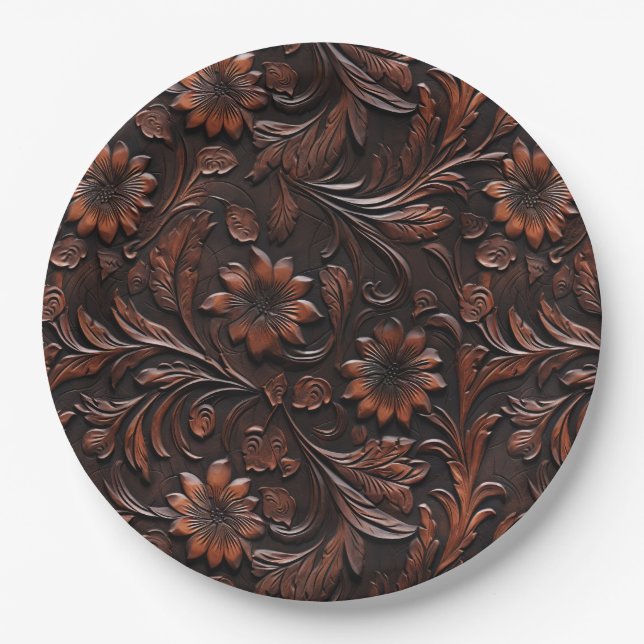 Southwest Faux Brown Leather Cowhide Flowers Paper Plate (Front)