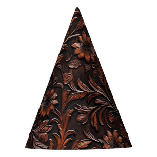 Southwest Faux Brown Leather Cowhide Flowers Party Hat