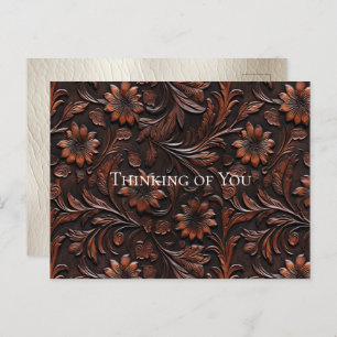 Southwest Faux Brown Leather Cowhide Flowers Postcard