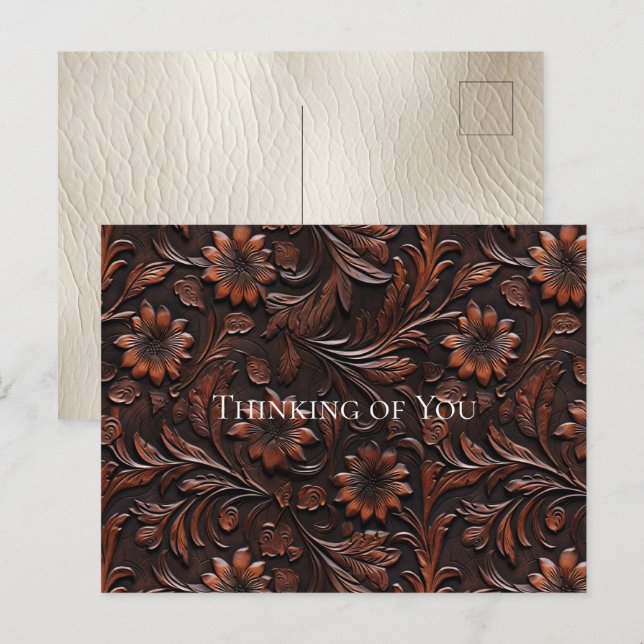 Southwest Faux Brown Leather Cowhide Flowers Postcard (Front/Back)