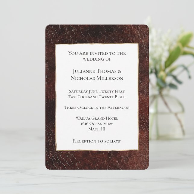  Southwest Faux Brown Leather Cowhide Wedding Invitation (Standing Front)
