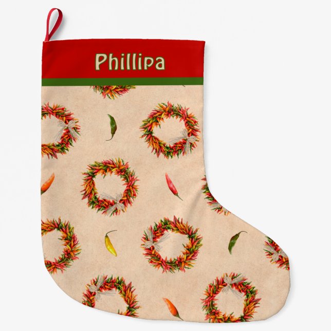 Southwest Festive Chile Ristra Wreath Personalized Large Christmas Stocking (Front)