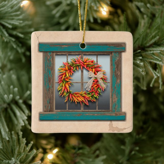 Southwest Festive Chile Wreath Personalized Ceramic Ornament (Tree)