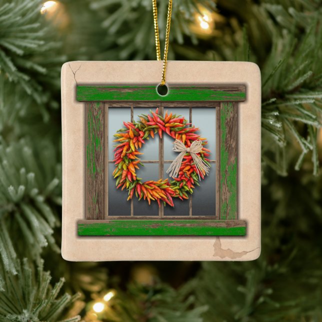 Southwest Festive Chile Wreath Window Personalized Ceramic Ornament (Tree)